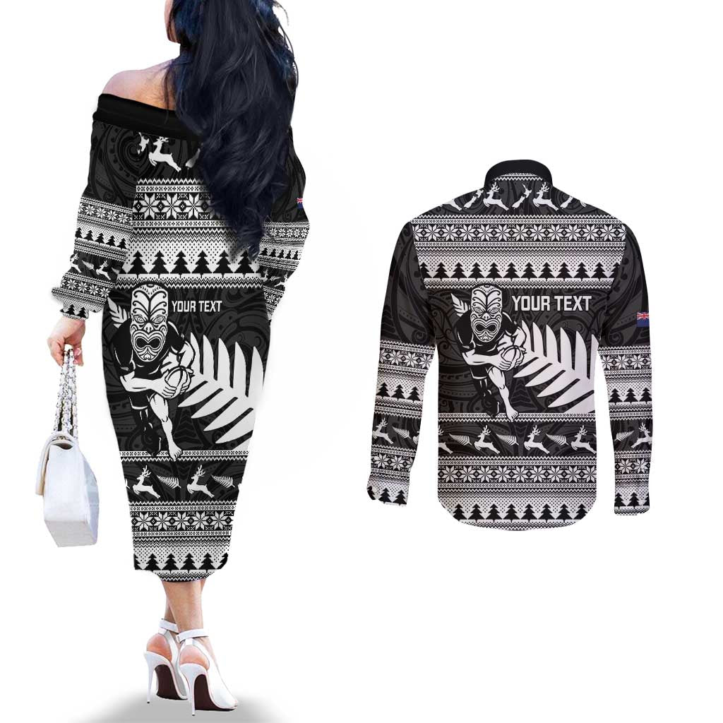 New Zealand Christmas Rugby Personalised Couples Matching Off The Shoulder Long Sleeve Dress and Long Sleeve Button Shirt Meri Kirihimete All Black Maori - Aussie Hoodie