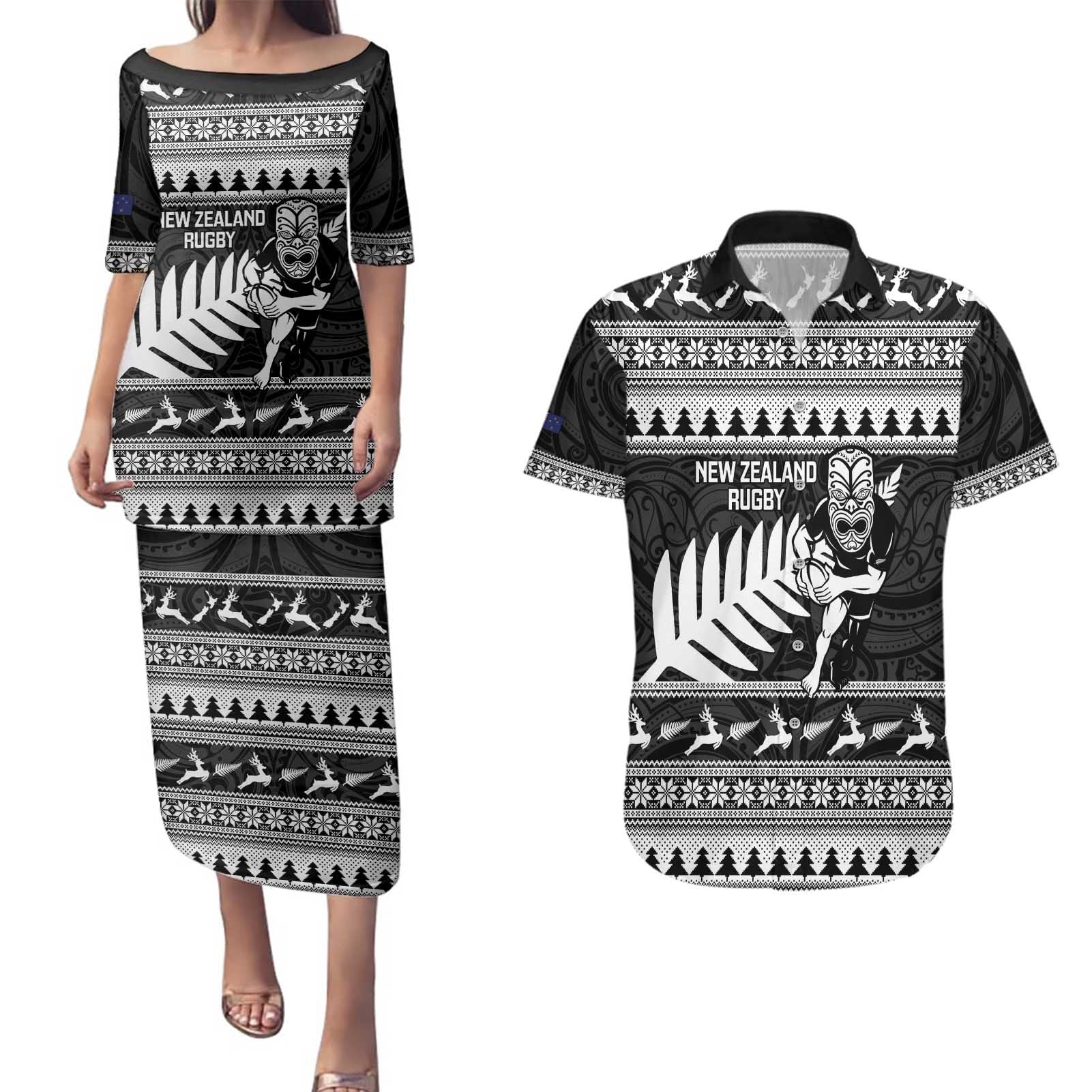 New Zealand Christmas Rugby Personalised Couples Matching Puletasi and Hawaiian Shirt Meri Kirihimete All Black Maori - Aussie Hoodie