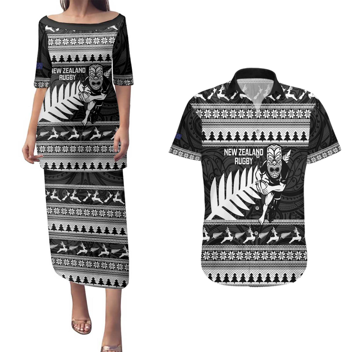 New Zealand Christmas Rugby Personalised Couples Matching Puletasi and Hawaiian Shirt Meri Kirihimete All Black Maori - Aussie Hoodie