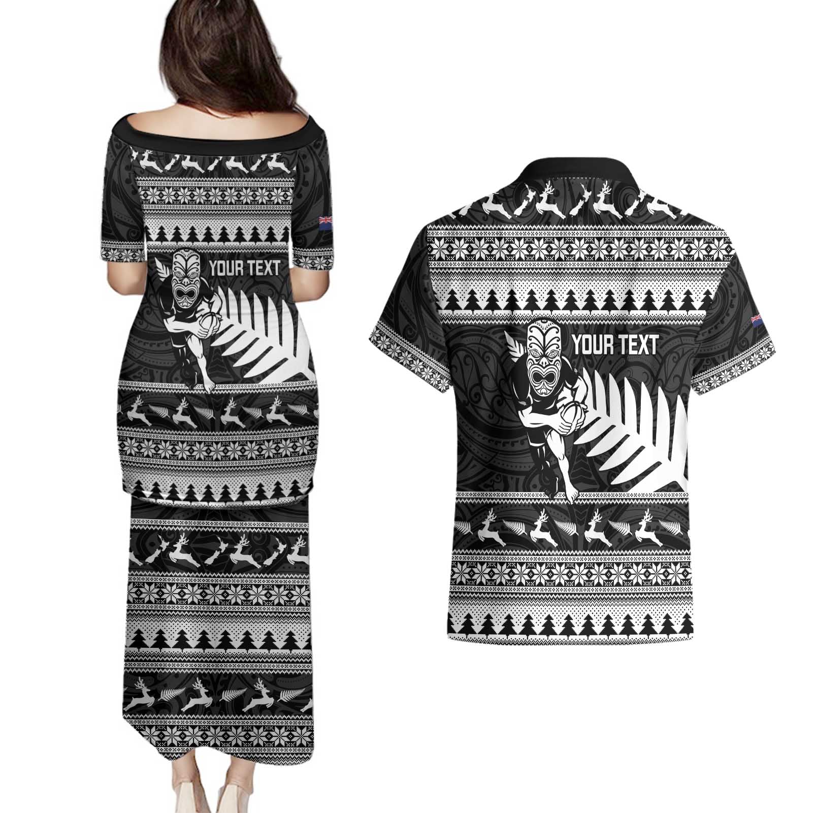 New Zealand Christmas Rugby Personalised Couples Matching Puletasi and Hawaiian Shirt Meri Kirihimete All Black Maori - Aussie Hoodie