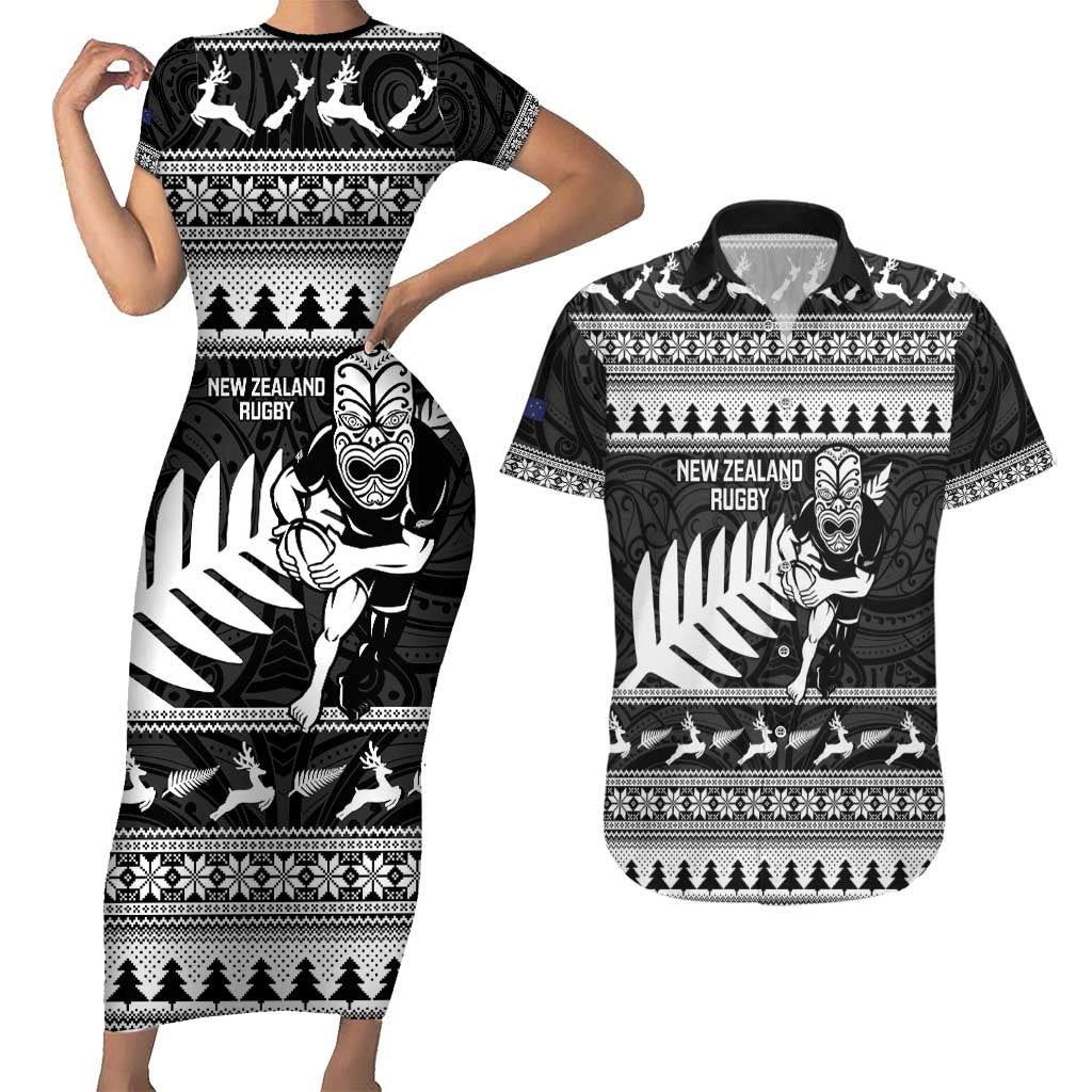 New Zealand Christmas Rugby Personalised Couples Matching Short Sleeve Bodycon Dress and Hawaiian Shirt Meri Kirihimete All Black Maori - Aussie Hoodie