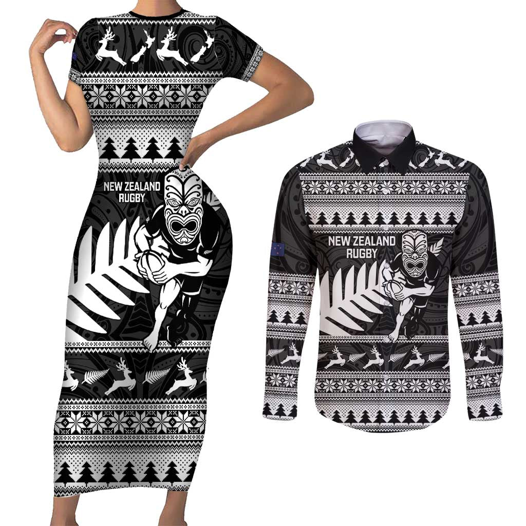 New Zealand Christmas Rugby Personalised Couples Matching Short Sleeve Bodycon Dress and Long Sleeve Button Shirt Meri Kirihimete All Black Maori - Aussie Hoodie