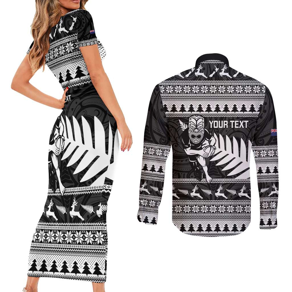 New Zealand Christmas Rugby Personalised Couples Matching Short Sleeve Bodycon Dress and Long Sleeve Button Shirt Meri Kirihimete All Black Maori - Aussie Hoodie