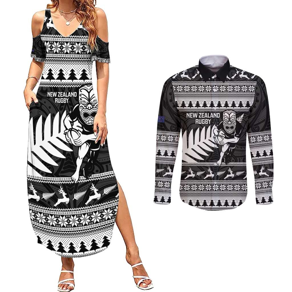New Zealand Christmas Rugby Personalised Couples Matching Summer Maxi Dress and Long Sleeve Button Shirt Meri Kirihimete All Black Maori - Aussie Hoodie