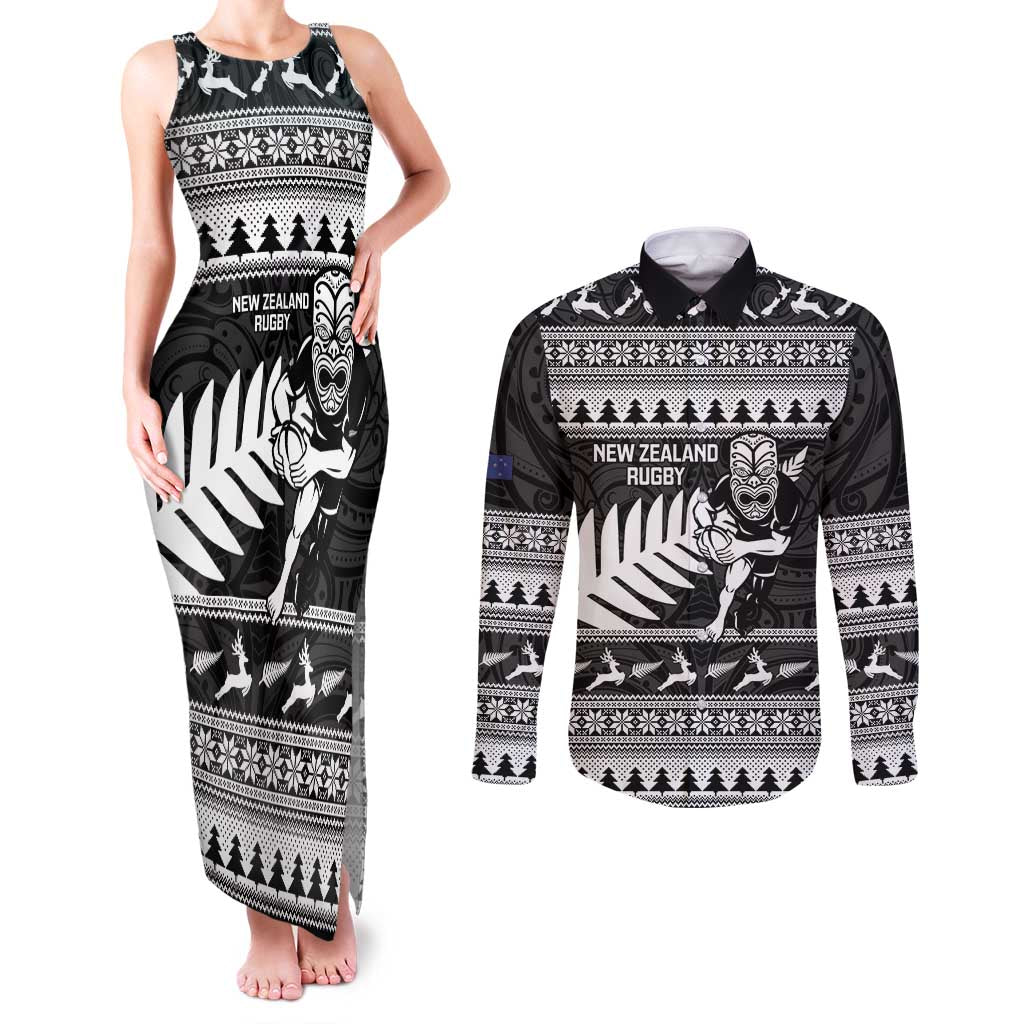 New Zealand Christmas Rugby Personalised Couples Matching Tank Maxi Dress and Long Sleeve Button Shirt Meri Kirihimete All Black Maori - Aussie Hoodie