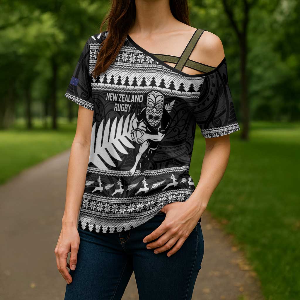 New Zealand Christmas Rugby Personalised Cross Shoulder Shirt Meri Kirihimete All Black Maori - Aussie Hoodie