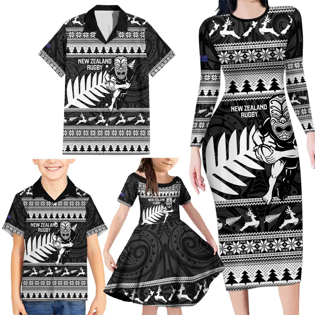 New Zealand Christmas Rugby Personalised Family Matching Long Sleeve Bodycon Dress and Hawaiian Shirt Meri Kirihimete All Black Maori - Aussie Hoodie