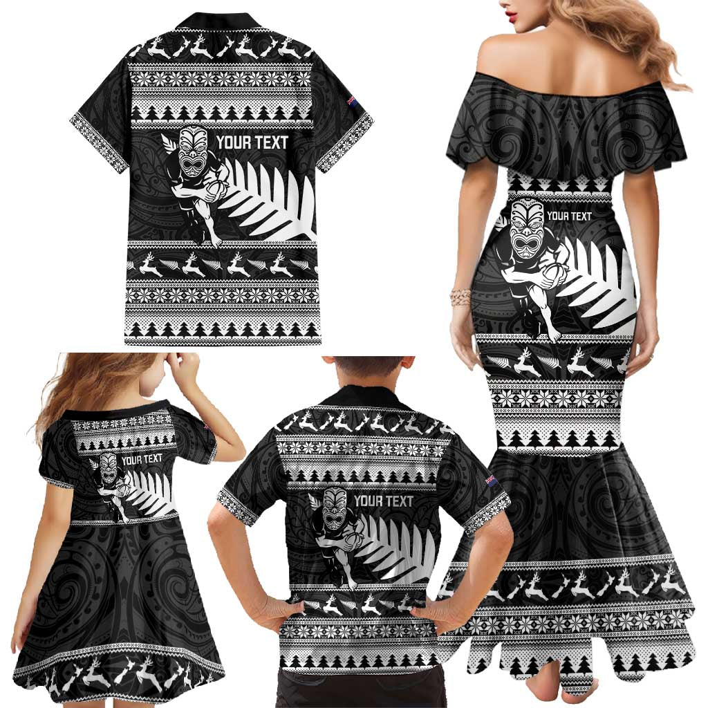 New Zealand Christmas Rugby Personalised Family Matching Mermaid Dress and Hawaiian Shirt Meri Kirihimete All Black Maori - Aussie Hoodie
