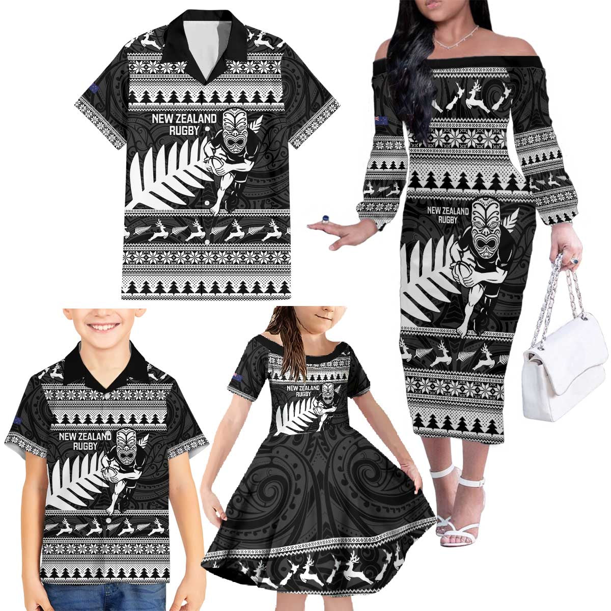 New Zealand Christmas Rugby Personalised Family Matching Off The Shoulder Long Sleeve Dress and Hawaiian Shirt Meri Kirihimete All Black Maori - Aussie Hoodie