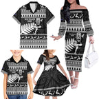 New Zealand Christmas Rugby Personalised Family Matching Off The Shoulder Long Sleeve Dress and Hawaiian Shirt Meri Kirihimete All Black Maori - Aussie Hoodie