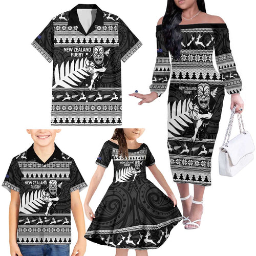 New Zealand Christmas Rugby Personalised Family Matching Off The Shoulder Long Sleeve Dress and Hawaiian Shirt Meri Kirihimete All Black Maori - Aussie Hoodie