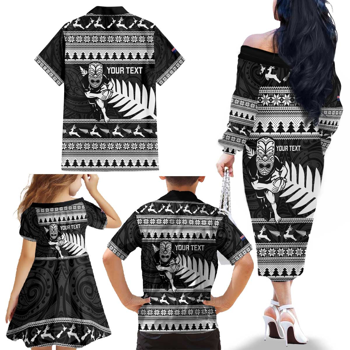 New Zealand Christmas Rugby Personalised Family Matching Off The Shoulder Long Sleeve Dress and Hawaiian Shirt Meri Kirihimete All Black Maori - Aussie Hoodie