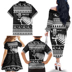 New Zealand Christmas Rugby Personalised Family Matching Off The Shoulder Long Sleeve Dress and Hawaiian Shirt Meri Kirihimete All Black Maori - Aussie Hoodie