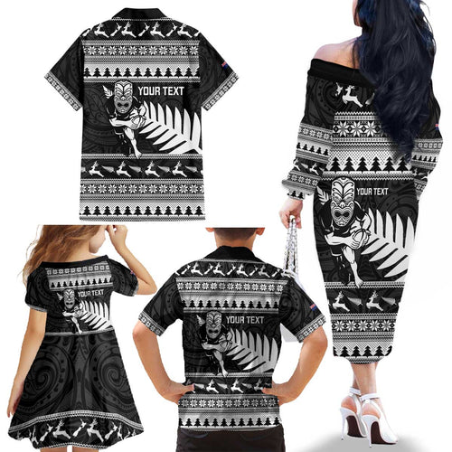 New Zealand Christmas Rugby Personalised Family Matching Off The Shoulder Long Sleeve Dress and Hawaiian Shirt Meri Kirihimete All Black Maori - Aussie Hoodie