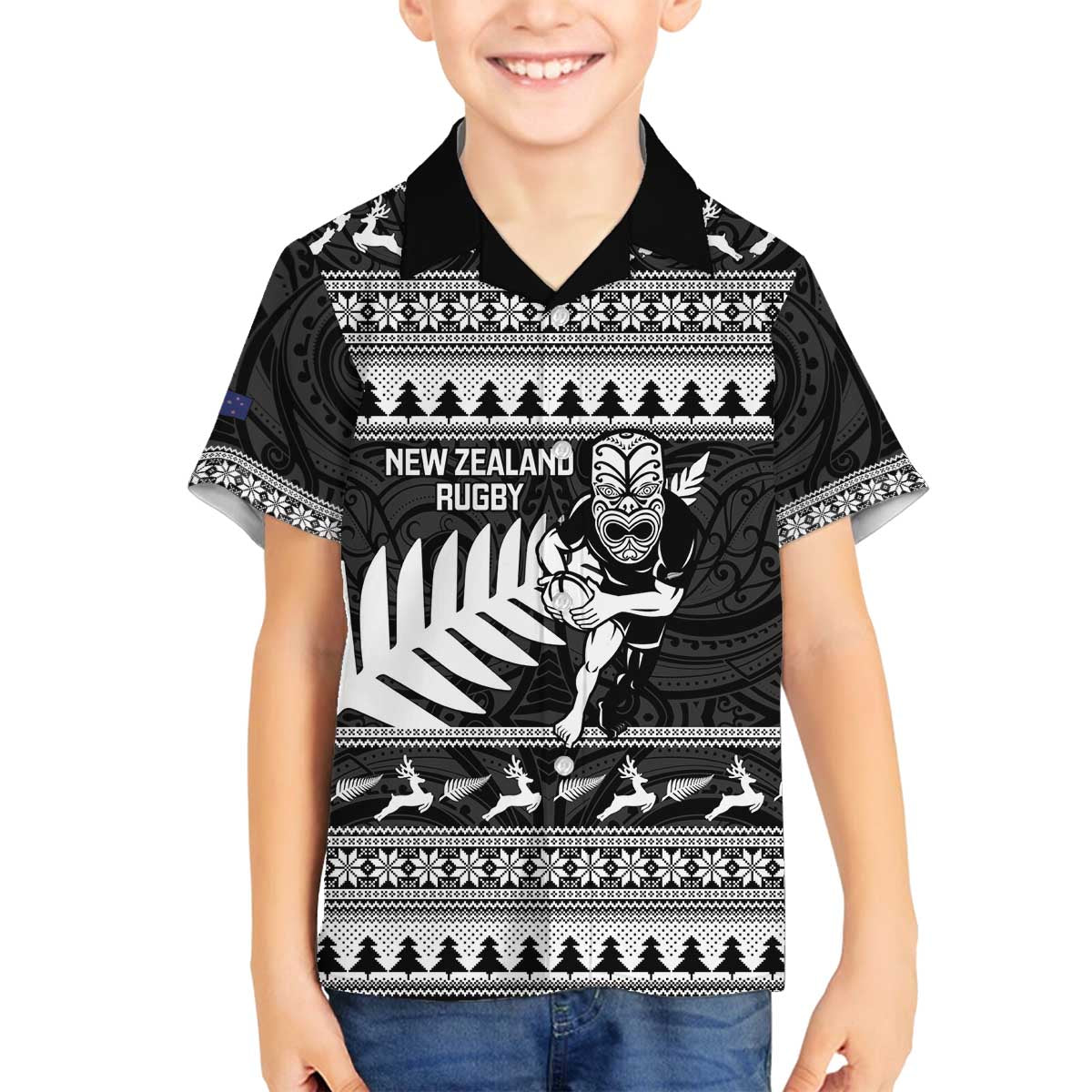 New Zealand Christmas Rugby Personalised Family Matching Off The Shoulder Long Sleeve Dress and Hawaiian Shirt Meri Kirihimete All Black Maori - Aussie Hoodie