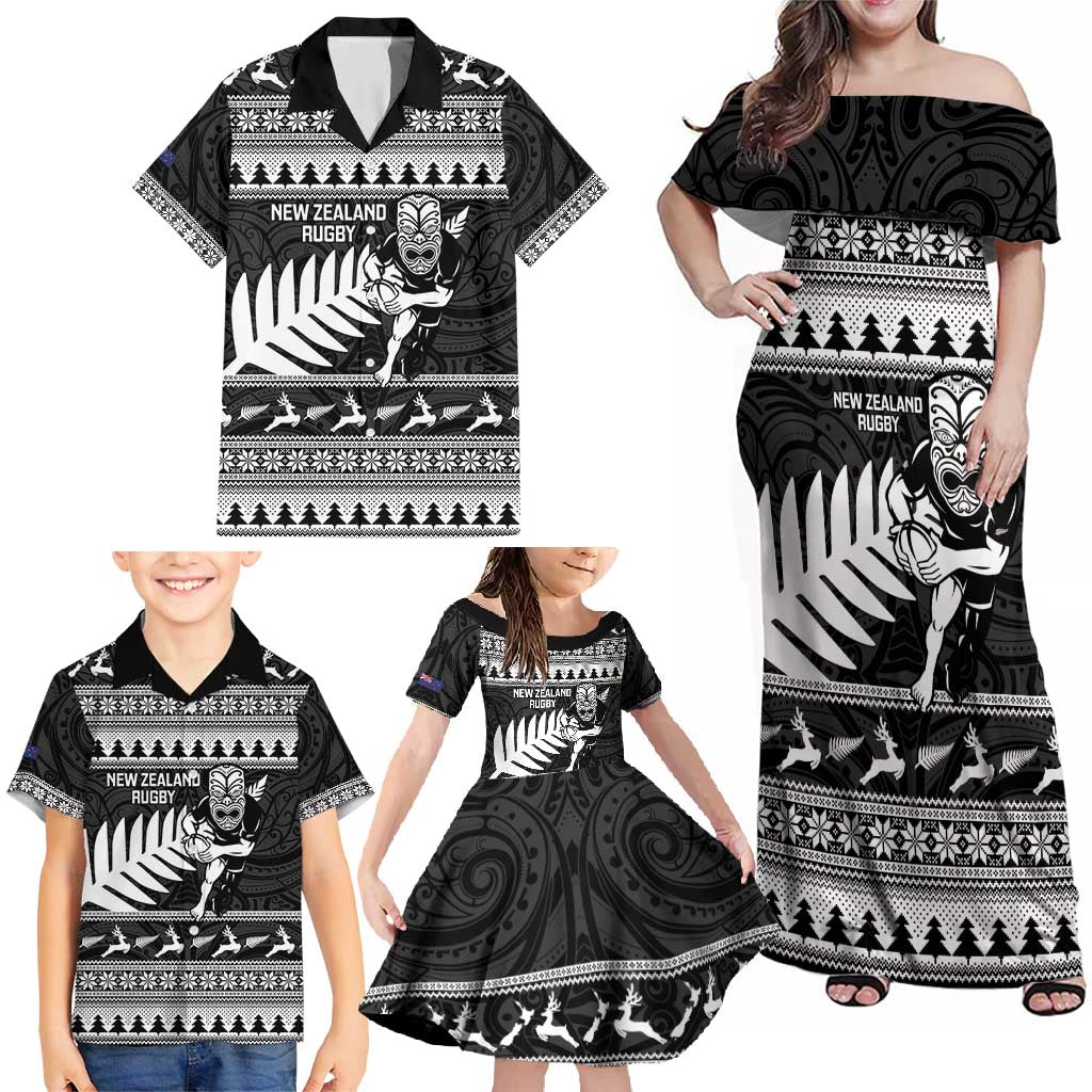 New Zealand Christmas Rugby Personalised Family Matching Off Shoulder Maxi Dress and Hawaiian Shirt Meri Kirihimete All Black Maori - Aussie Hoodie