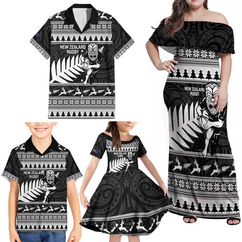 New Zealand Christmas Rugby Personalised Family Matching Off Shoulder Maxi Dress and Hawaiian Shirt Meri Kirihimete All Black Maori - Aussie Hoodie
