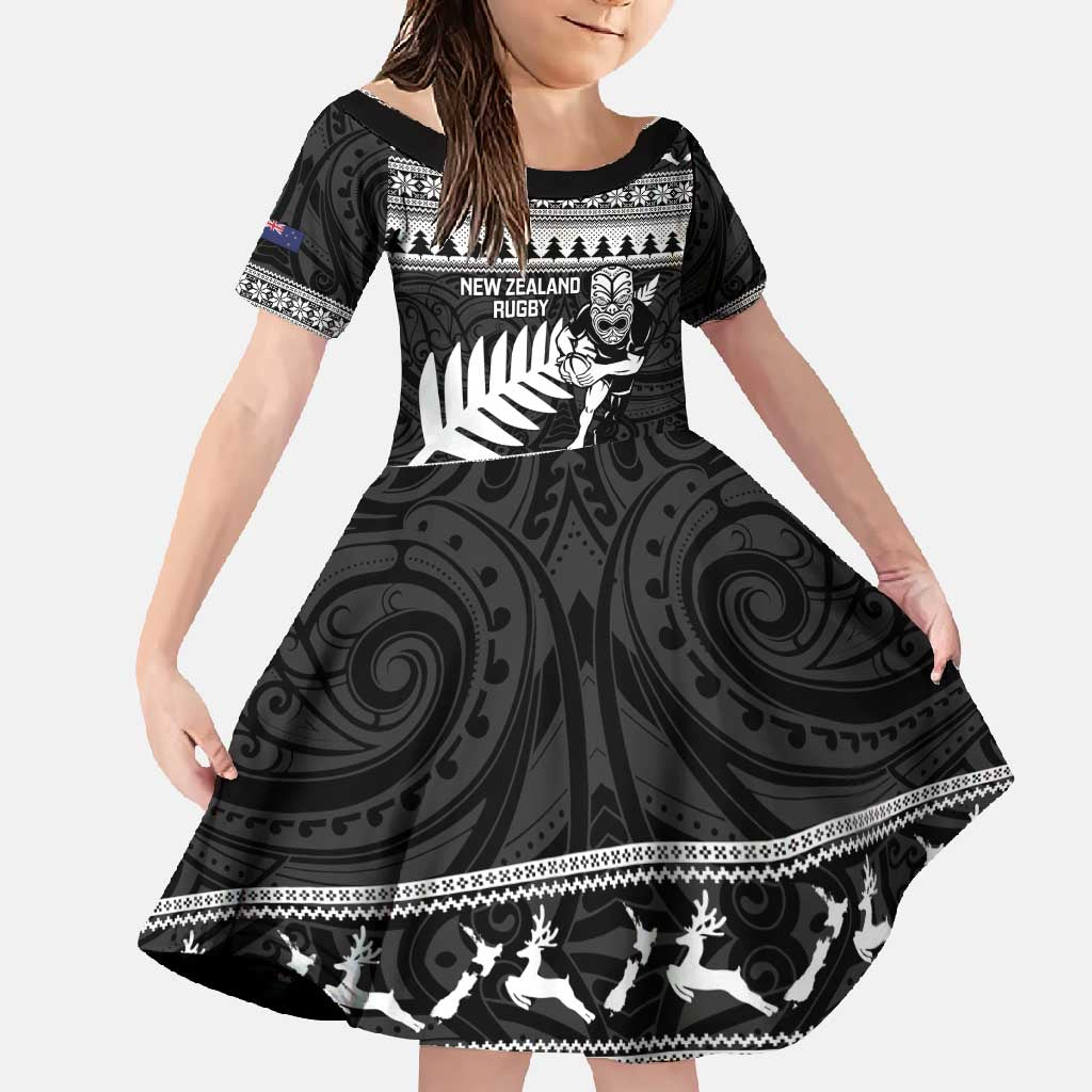 New Zealand Christmas Rugby Personalised Family Matching Off Shoulder Maxi Dress and Hawaiian Shirt Meri Kirihimete All Black Maori - Aussie Hoodie