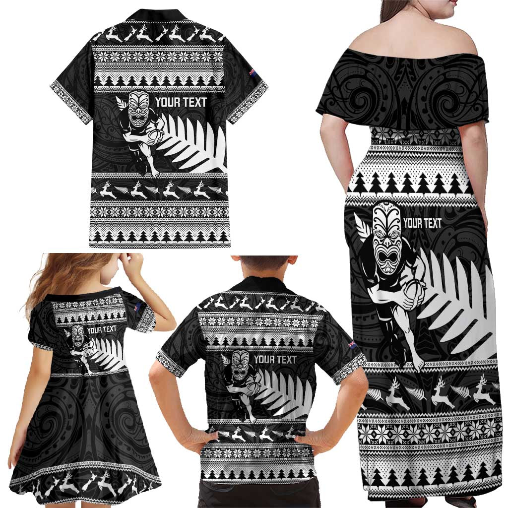 New Zealand Christmas Rugby Personalised Family Matching Off Shoulder Maxi Dress and Hawaiian Shirt Meri Kirihimete All Black Maori - Aussie Hoodie