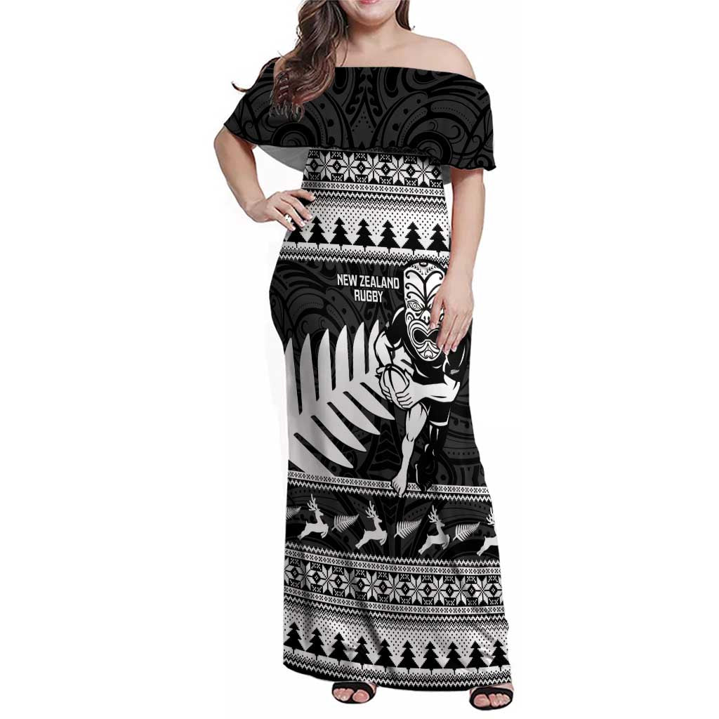 New Zealand Christmas Rugby Personalised Family Matching Off Shoulder Maxi Dress and Hawaiian Shirt Meri Kirihimete All Black Maori - Aussie Hoodie