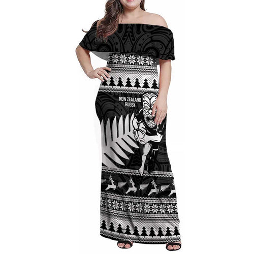 New Zealand Christmas Rugby Personalised Family Matching Off Shoulder Maxi Dress and Hawaiian Shirt Meri Kirihimete All Black Maori - Aussie Hoodie