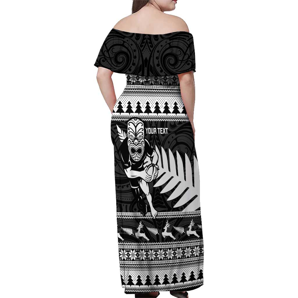 New Zealand Christmas Rugby Personalised Family Matching Off Shoulder Maxi Dress and Hawaiian Shirt Meri Kirihimete All Black Maori - Aussie Hoodie
