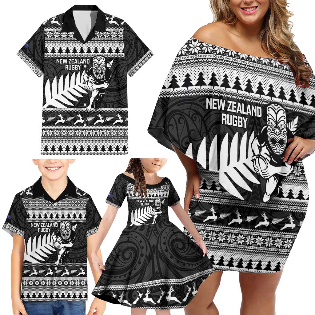 New Zealand Christmas Rugby Personalised Family Matching Off Shoulder Short Dress and Hawaiian Shirt Meri Kirihimete All Black Maori - Aussie Hoodie
