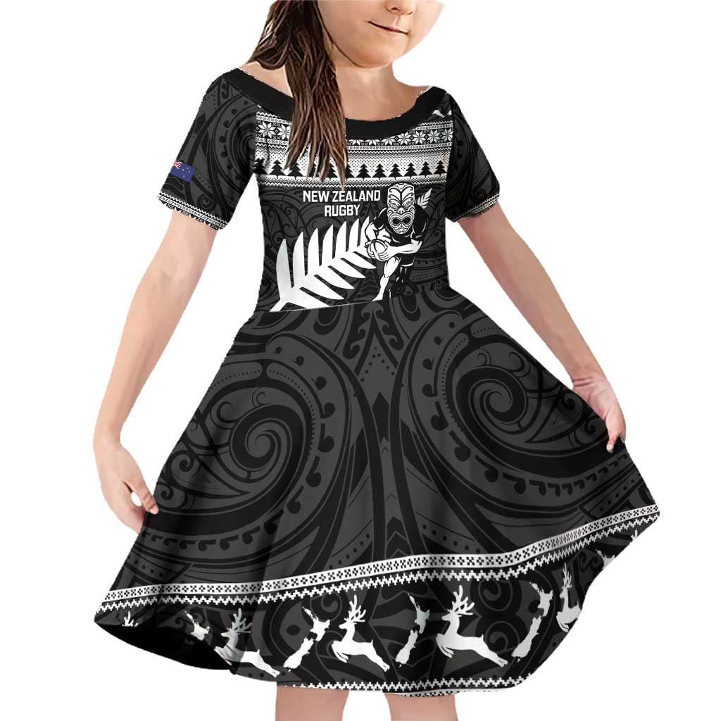 New Zealand Christmas Rugby Personalised Family Matching Off Shoulder Short Dress and Hawaiian Shirt Meri Kirihimete All Black Maori - Aussie Hoodie
