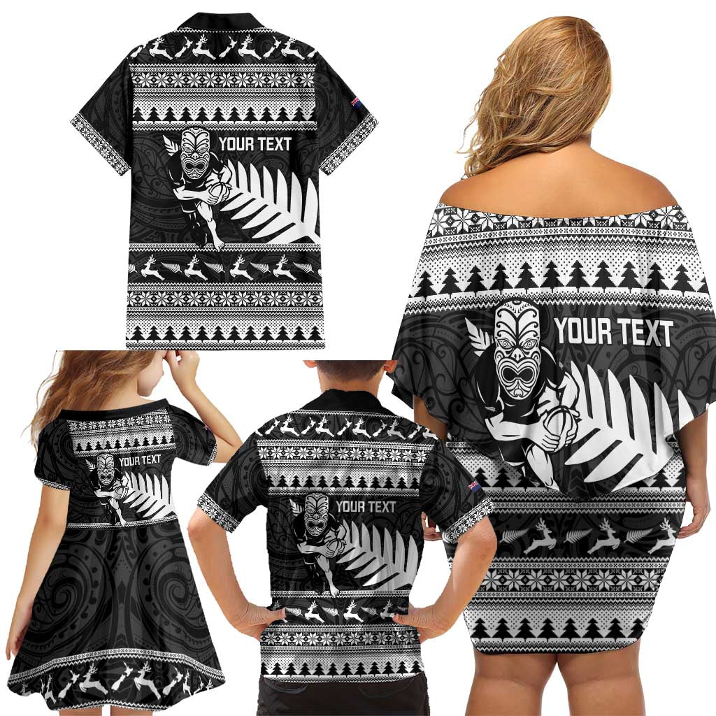 New Zealand Christmas Rugby Personalised Family Matching Off Shoulder Short Dress and Hawaiian Shirt Meri Kirihimete All Black Maori - Aussie Hoodie