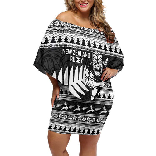 New Zealand Christmas Rugby Personalised Family Matching Off Shoulder Short Dress and Hawaiian Shirt Meri Kirihimete All Black Maori - Aussie Hoodie