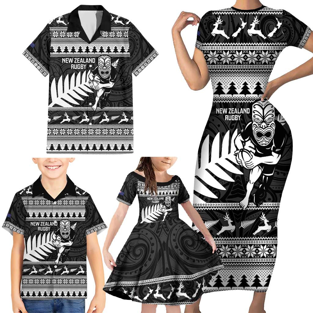 New Zealand Christmas Rugby Personalised Family Matching Short Sleeve Bodycon Dress and Hawaiian Shirt Meri Kirihimete All Black Maori - Aussie Hoodie