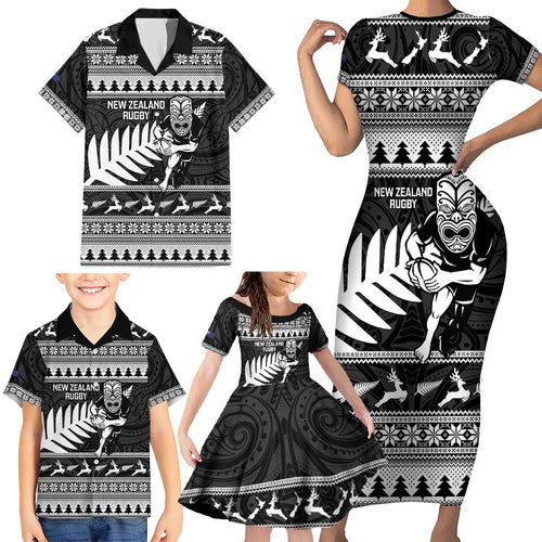 New Zealand Christmas Rugby Personalised Family Matching Short Sleeve Bodycon Dress and Hawaiian Shirt Meri Kirihimete All Black Maori - Aussie Hoodie