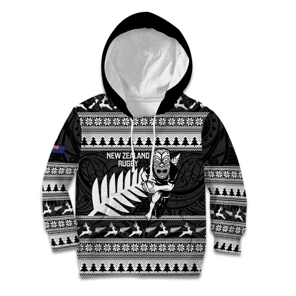 New Zealand Christmas Rugby Personalised Kid Hoodie Meri Kirihimete All Black Maori - Aussie Hoodie