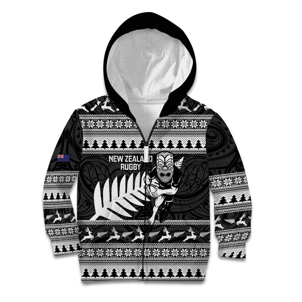 New Zealand Christmas Rugby Personalised Kid Hoodie Meri Kirihimete All Black Maori - Aussie Hoodie