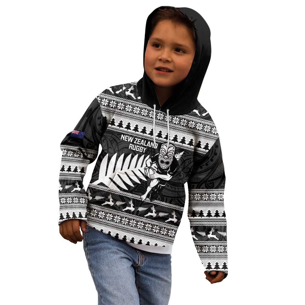 New Zealand Christmas Rugby Personalised Kid Hoodie Meri Kirihimete All Black Maori - Aussie Hoodie