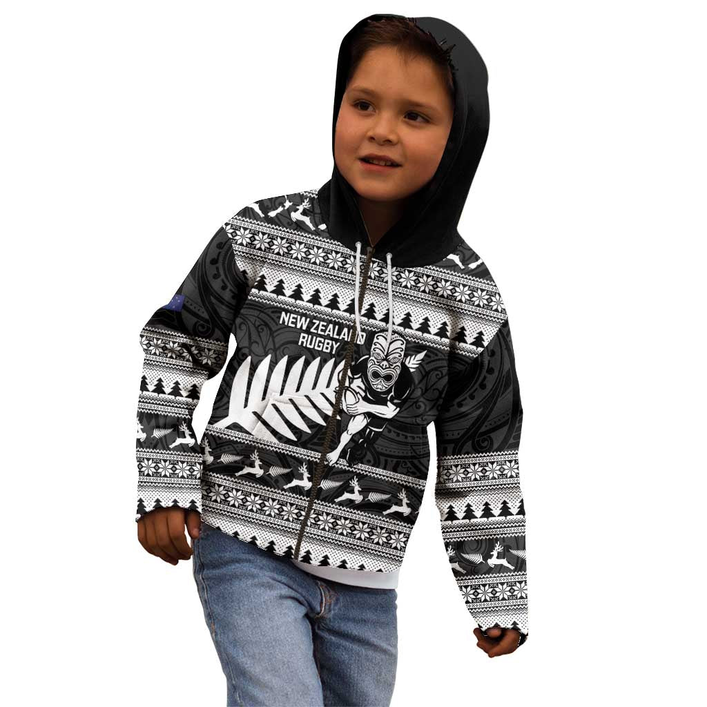 New Zealand Christmas Rugby Personalised Kid Hoodie Meri Kirihimete All Black Maori - Aussie Hoodie