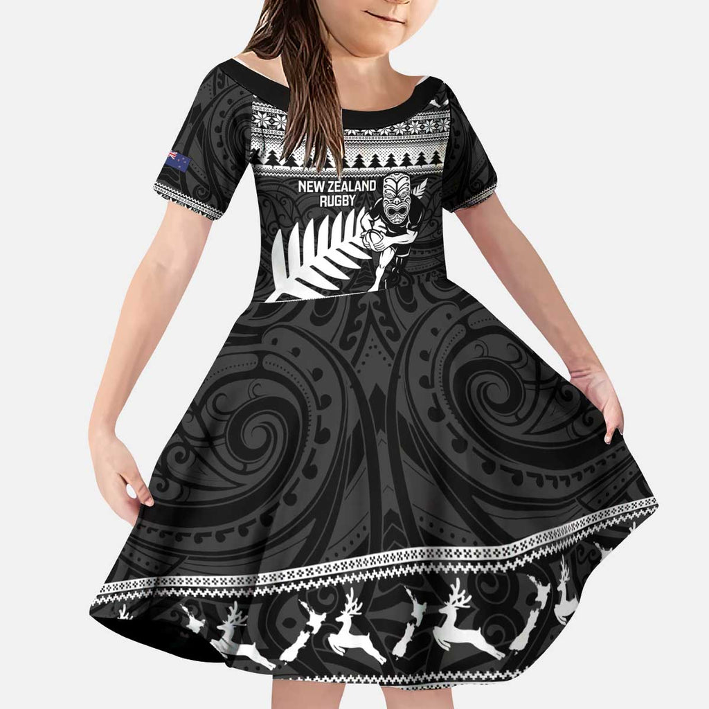 New Zealand Christmas Rugby Personalised Kid Short Sleeve Dress Meri Kirihimete All Black Maori - Aussie Hoodie