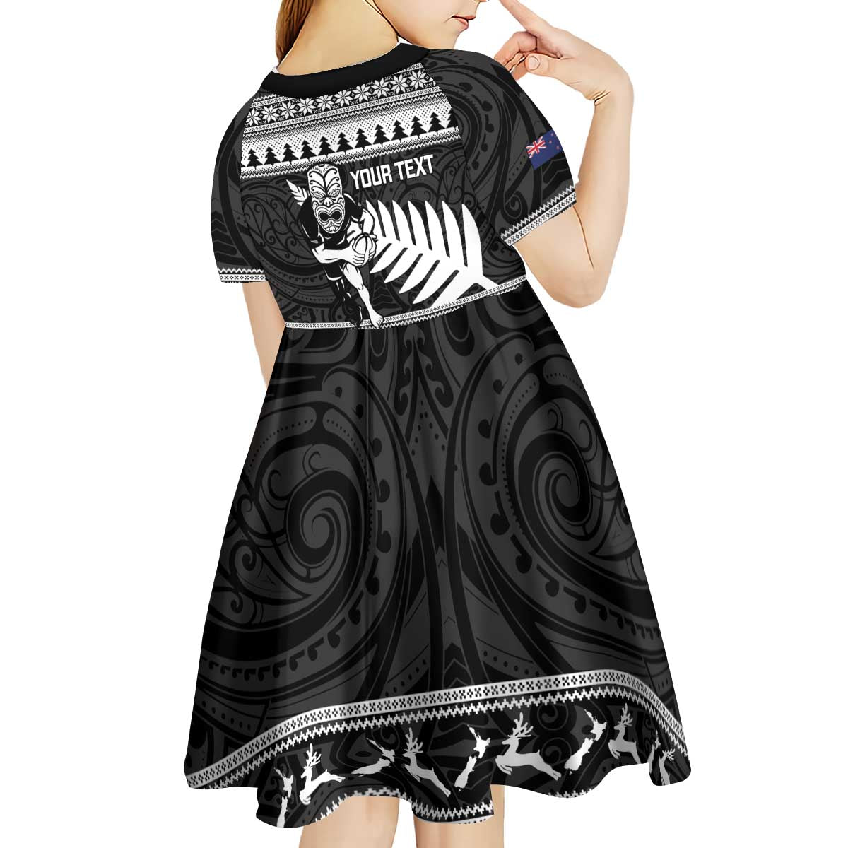 New Zealand Christmas Rugby Personalised Kid Short Sleeve Dress Meri Kirihimete All Black Maori - Aussie Hoodie