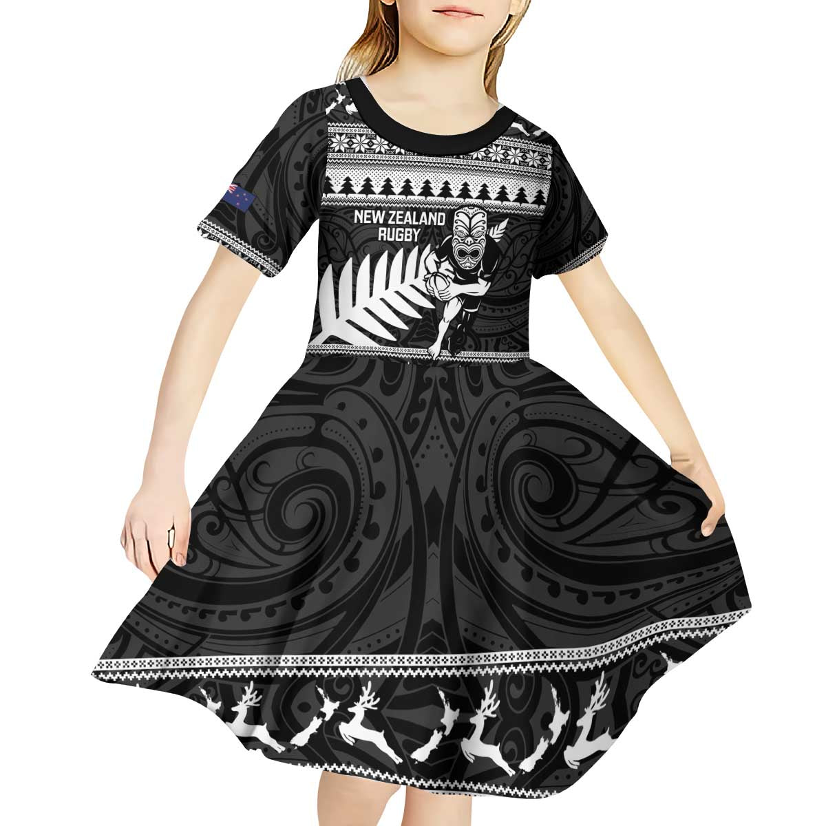 New Zealand Christmas Rugby Personalised Kid Short Sleeve Dress Meri Kirihimete All Black Maori - Aussie Hoodie
