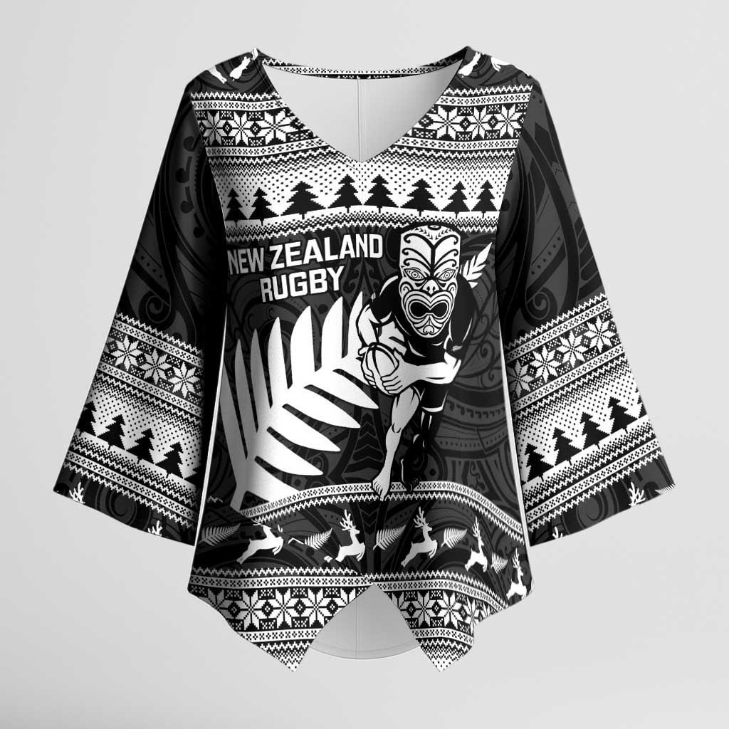 New Zealand Christmas Rugby Personalised Kimono Sleeve Blouse Meri Kirihimete All Black Maori - Aussie Hoodie