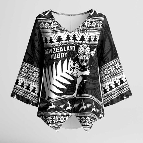 New Zealand Christmas Rugby Personalised Kimono Sleeve Blouse Meri Kirihimete All Black Maori - Aussie Hoodie