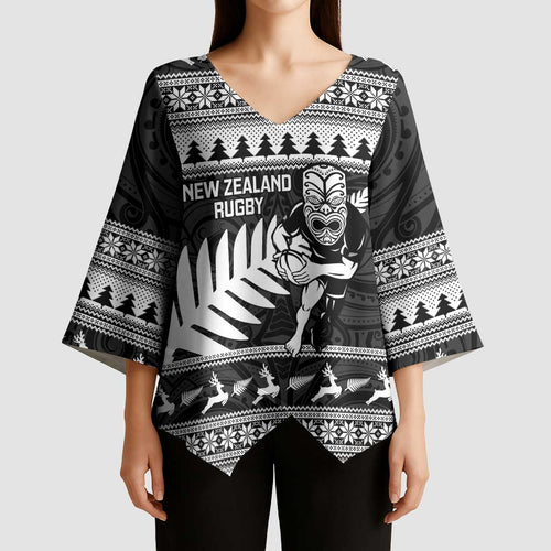 New Zealand Christmas Rugby Personalised Kimono Sleeve Blouse Meri Kirihimete All Black Maori - Aussie Hoodie