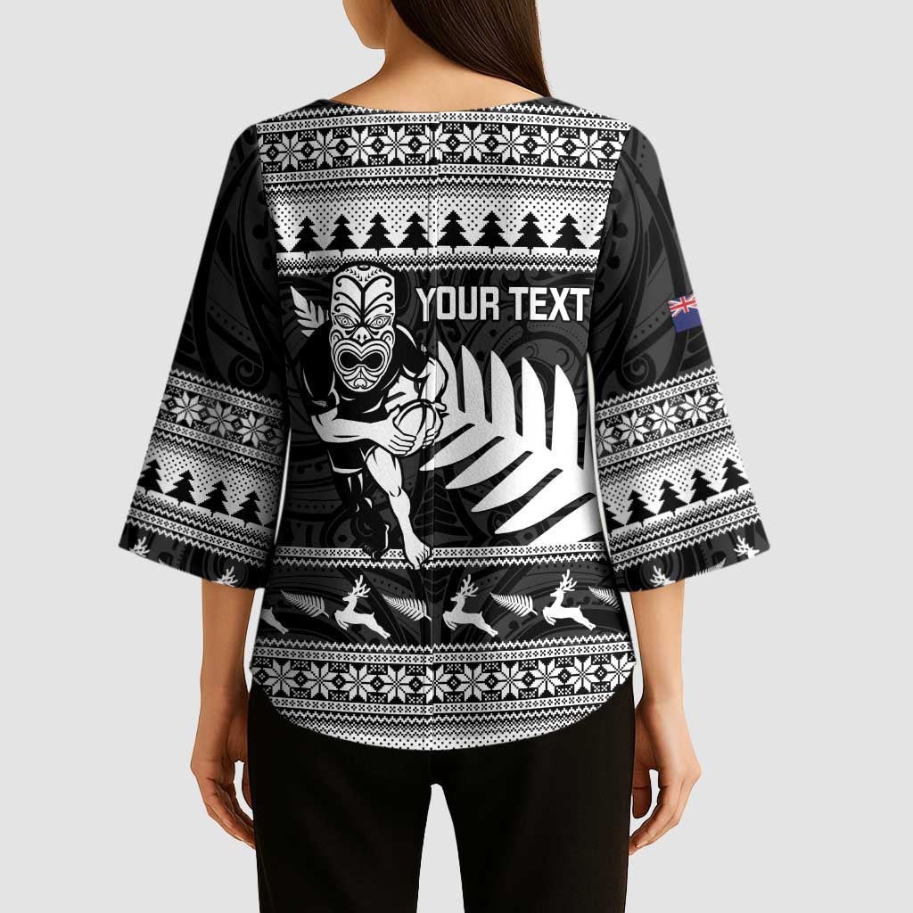 New Zealand Christmas Rugby Personalised Kimono Sleeve Blouse Meri Kirihimete All Black Maori - Aussie Hoodie