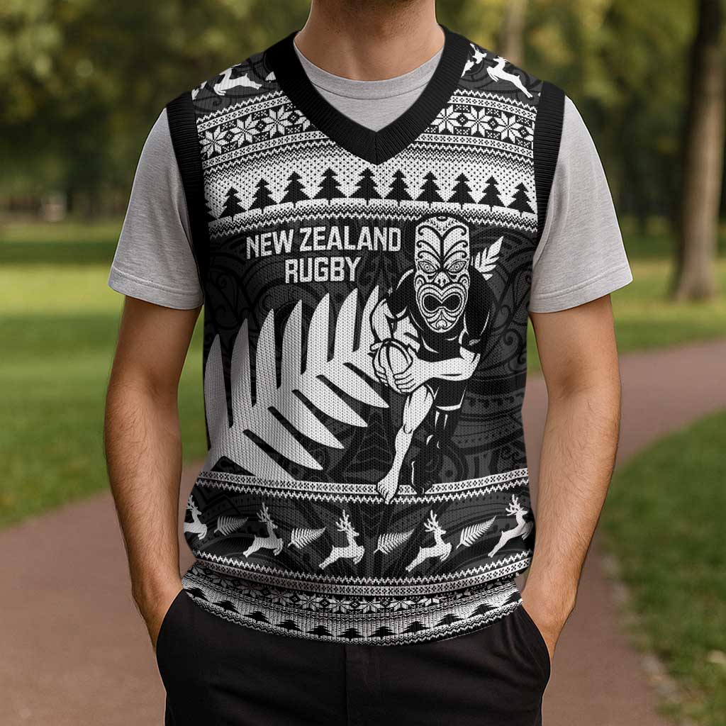 New Zealand Christmas Rugby Personalised Christmas Knitted V-Neck Vest Meri Kirihimete All Black Maori - Aussie Hoodie