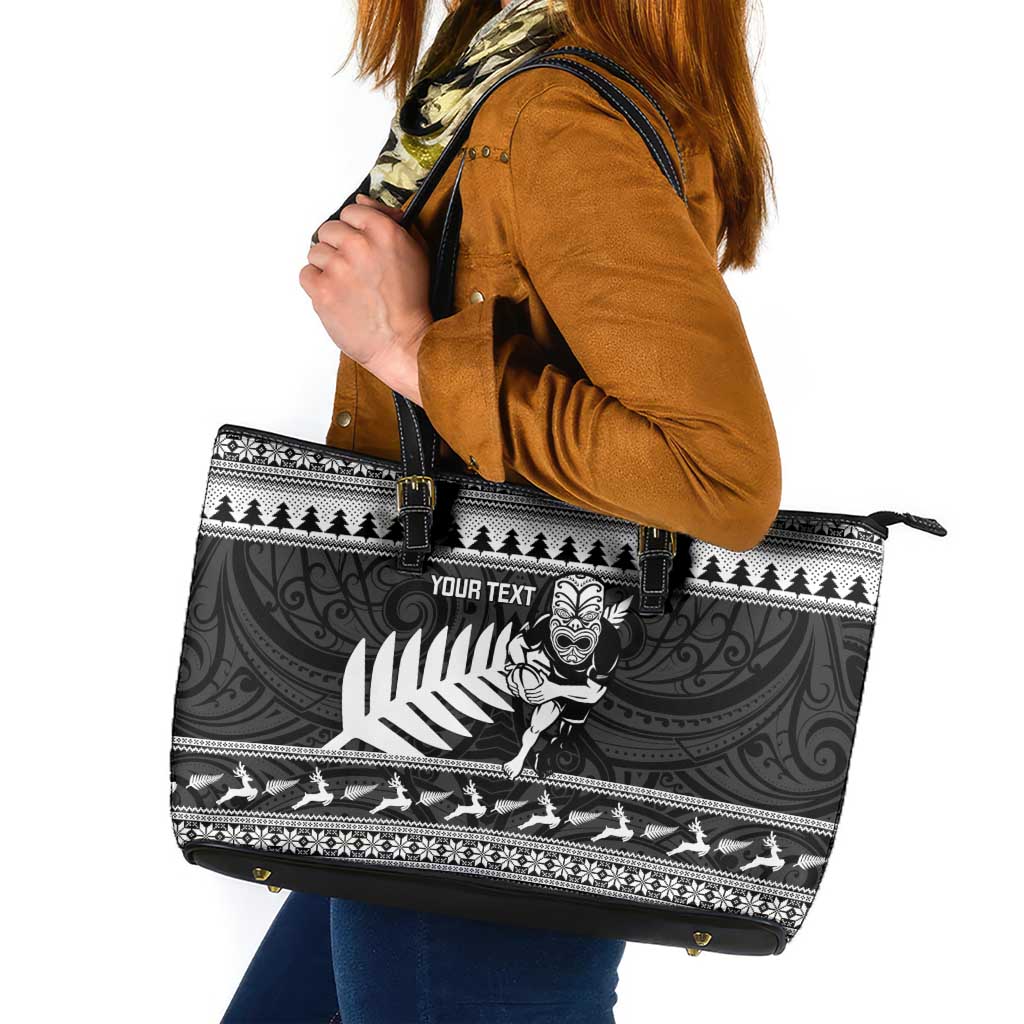 New Zealand Christmas Rugby Personalised Leather Tote Bag Meri Kirihimete All Black Maori - Aussie Hoodie