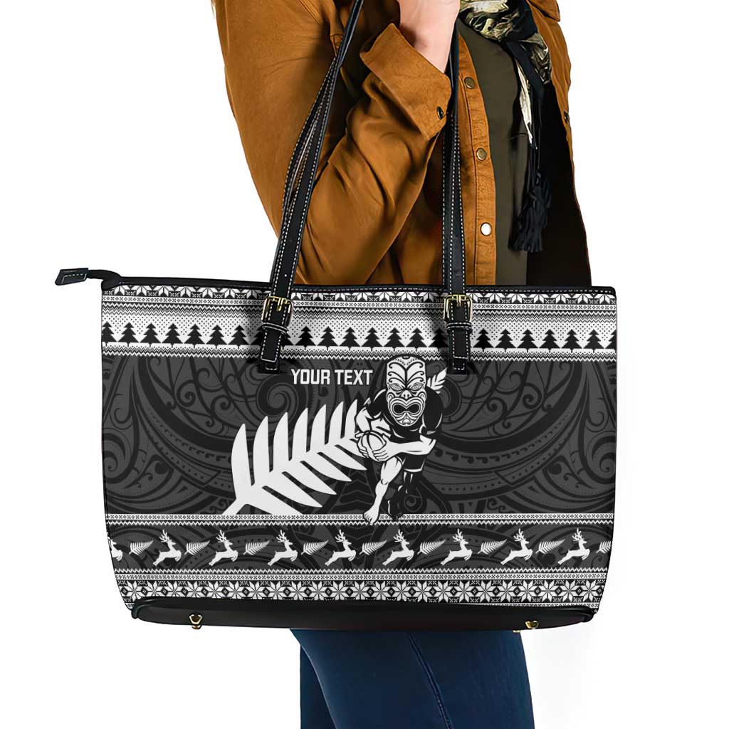 New Zealand Christmas Rugby Personalised Leather Tote Bag Meri Kirihimete All Black Maori - Aussie Hoodie