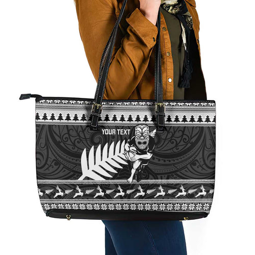 New Zealand Christmas Rugby Personalised Leather Tote Bag Meri Kirihimete All Black Maori - Aussie Hoodie