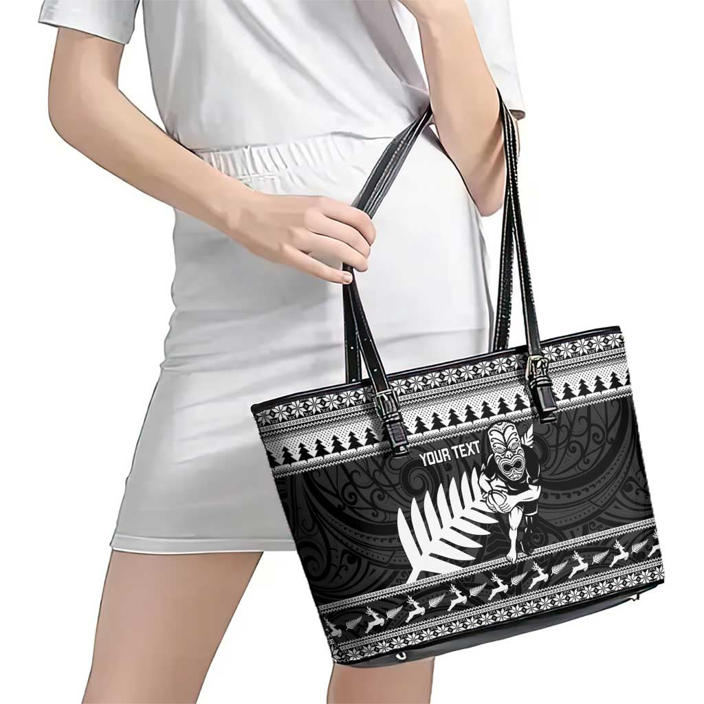 New Zealand Christmas Rugby Personalised Leather Tote Bag Meri Kirihimete All Black Maori - Aussie Hoodie