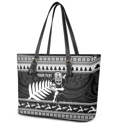 New Zealand Christmas Rugby Personalised Leather Tote Bag Meri Kirihimete All Black Maori - Aussie Hoodie