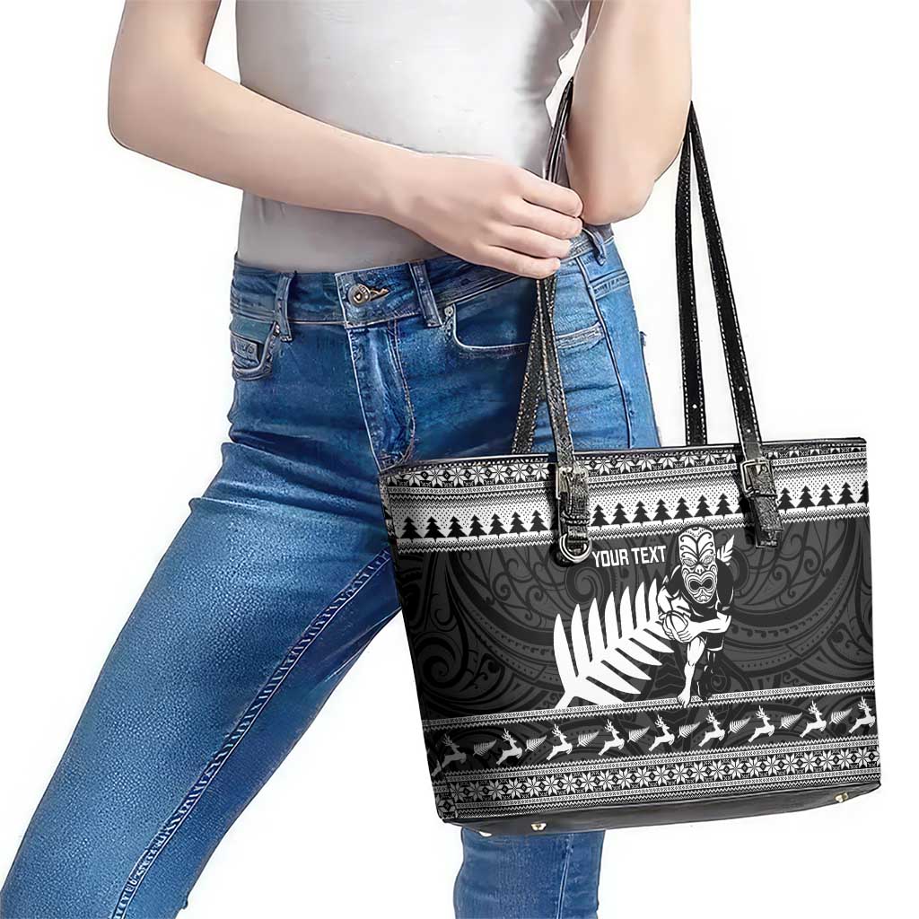 New Zealand Christmas Rugby Personalised Leather Tote Bag Meri Kirihimete All Black Maori - Aussie Hoodie